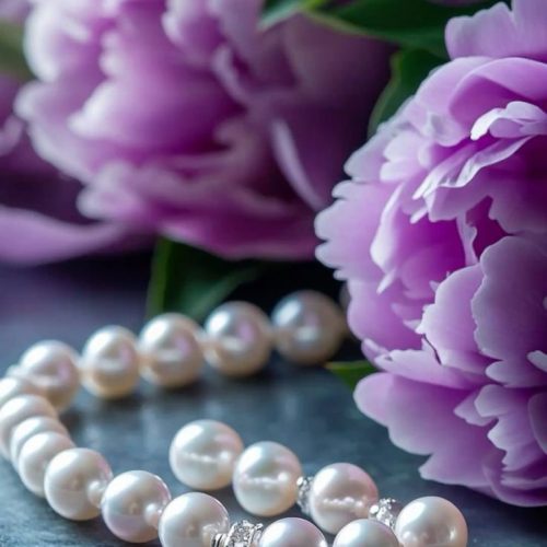 pearl jewelry, elegant background, purple peony…